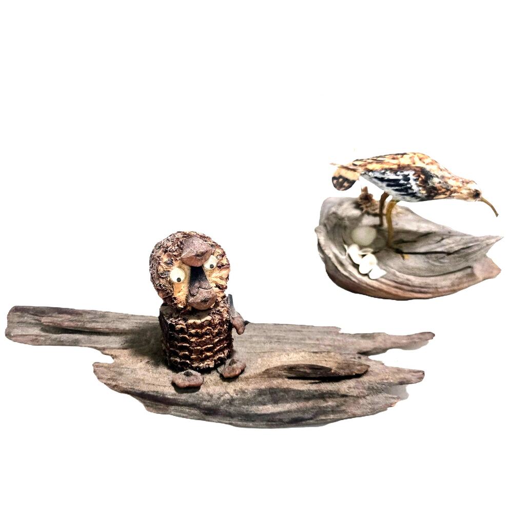 2-Hand-Carved Driftwood Sculptures ShoreBird w/Grass, Seashells/Owl Googly Eyes
